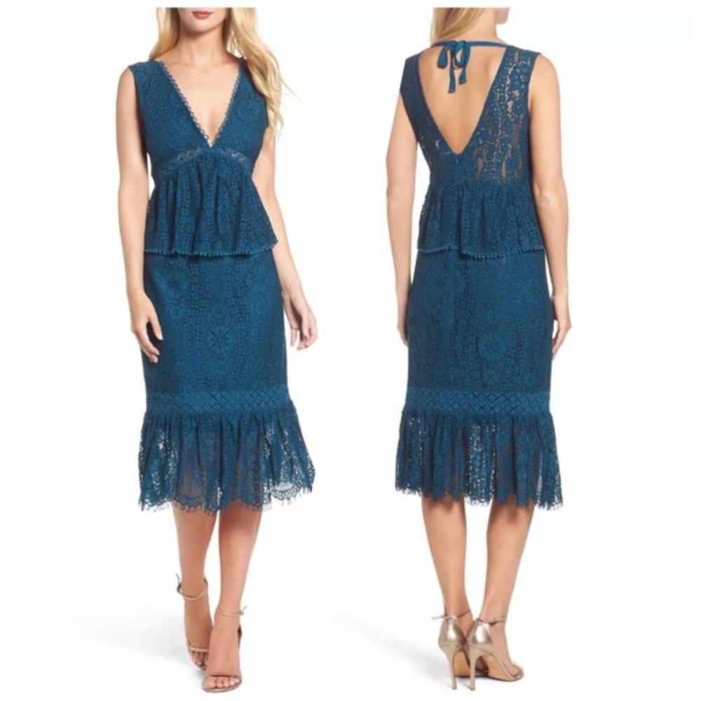 Foxiedox Teal Emilia Lace Peplum Midi Dress